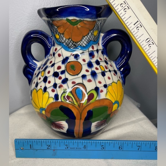 TALAVERA Mexican Pottery Vase Vessel Double Handle Folk Art - Picture 5 of 8